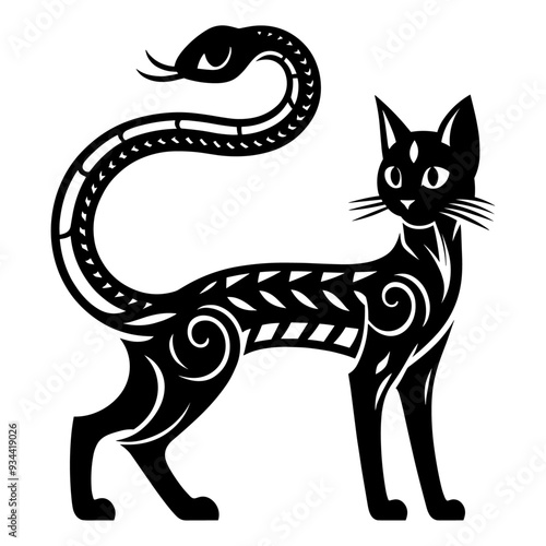 Cat snake hybrid curled up in a coiled position, showcasing a snake's body with a cat's face, ears, and whiskers, drawn in a playful and whimsical style. Black illustration isolated 