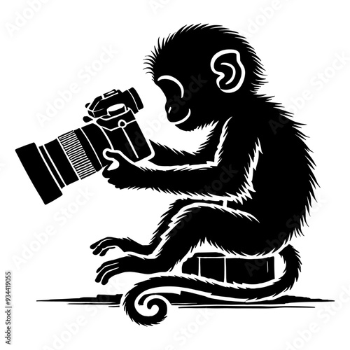 A playful illustration of a monkey holding a camera, showing curiosity and humor, highlighting the animal's inquisitive nature in a creative scene.