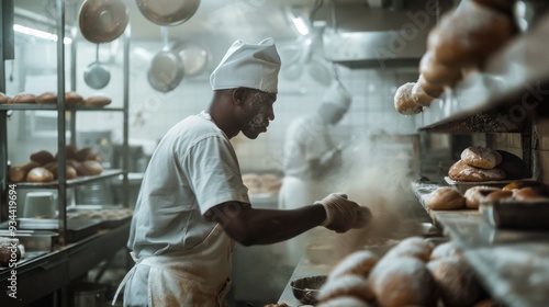 Baker in whitethemed commercial kitchen realistic National Geographic photo photo