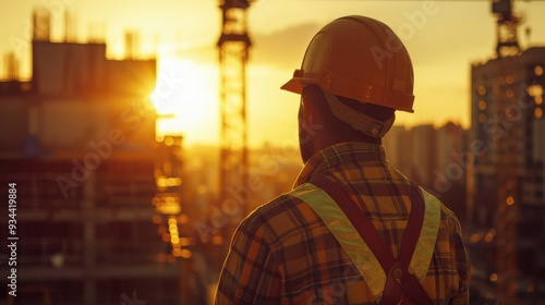 Construction worker at site with yelloworange atmosphere highquality photo