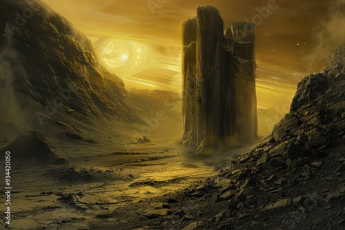 Golden Alien Landscape with a Giant Pillar