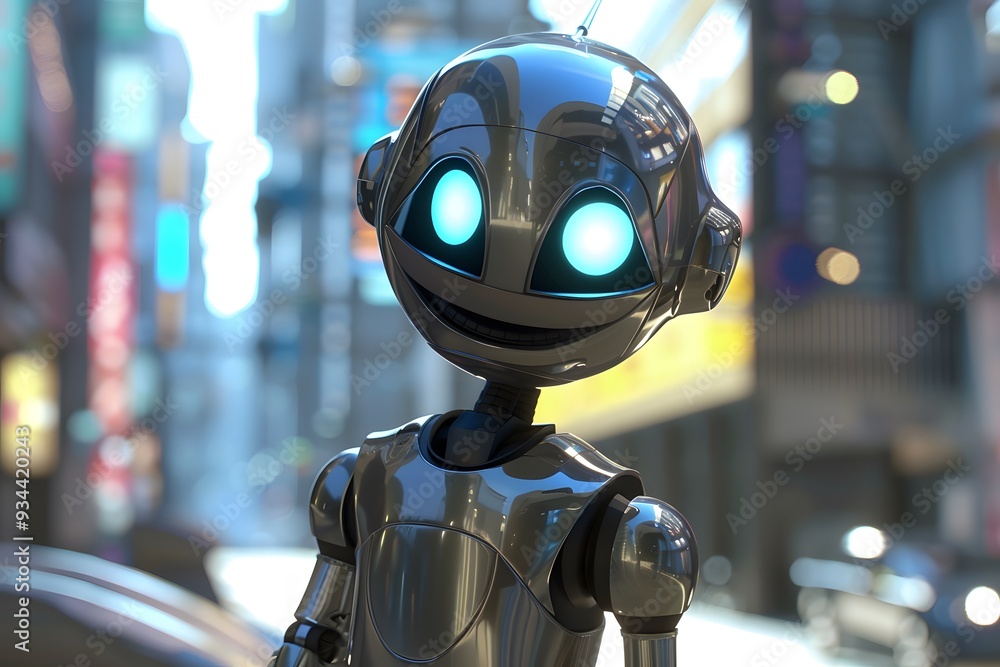 a 3D cartoon robot with a shiny metallic finish, expressive digital eyes, and a friendly smile, standing in a futuristic cityscape a 3D cartoon robot with a shiny metallic finish, expressive digital eyes, and a friendly smile, standing in a futuristic cityscape