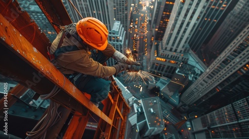 Ironworker welding beams on skyscraper  Realistic photo  Greyorange tones  Hasselblad X1D  8K resolution photo