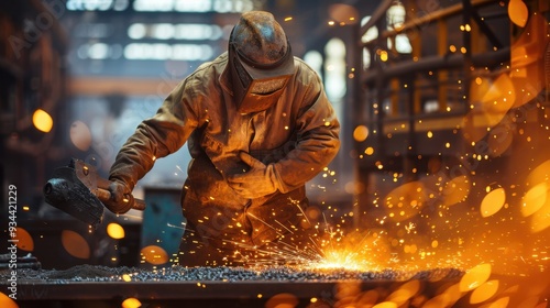 Steelworker in factory with orangeyellow tones highres Hasselblad photo photo