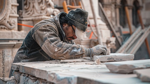 Stonemason at work in historic building National Geographicstyle photo photo