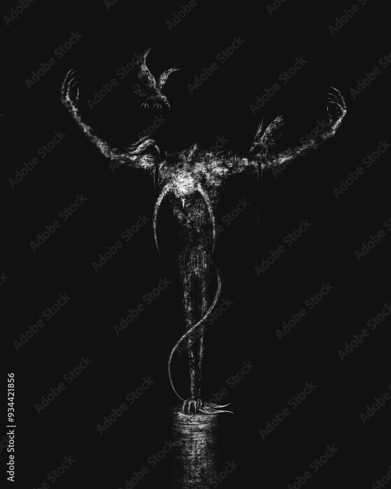 Tall imp jester standing on edge, dark fantasy illustration, An imp character stands on his tail on the edge of a precipice, being attacked by birds. Book illustration. Dark horror artwork Tall imp jester standing on edge, dark fantasy illustration, An imp character stands on his tail on the edge of a precipice, being attacked by birds. Book illustration. Dark horror artwork