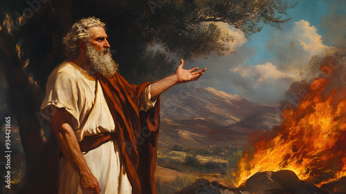 Moses at the burning bush on Mount Horeb.illustration photo