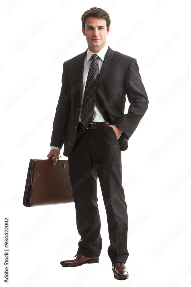 Confident young businessman in dark suit stands with briefcase, projecting professional demeanor against white background. Ready for corporate success. Confident young businessman in dark suit stands with briefcase, projecting professional demeanor against white background. Ready for corporate success.