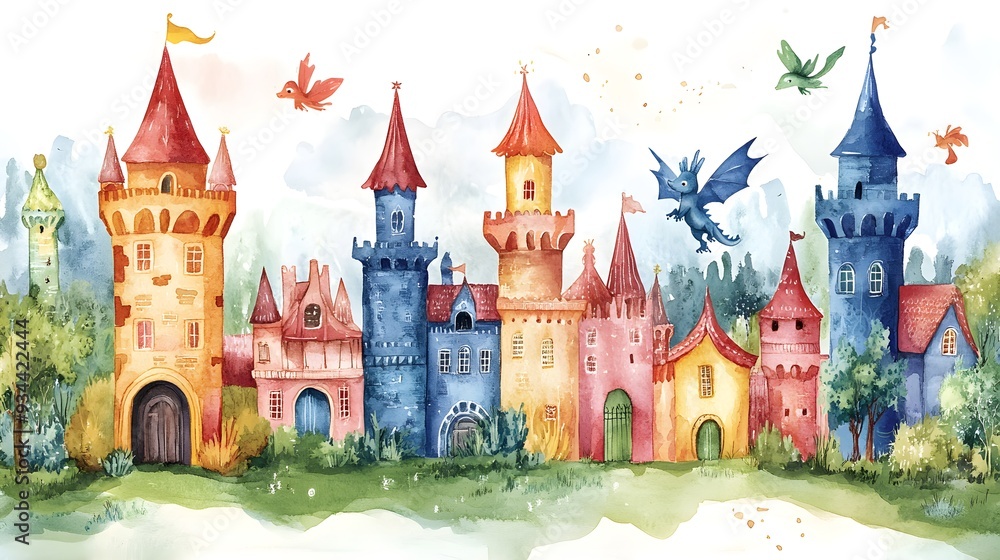 Whimsical world of castles and dragons, painted in soft, colorful watercolors, ideal for a child's room, blending fantasy and charm Whimsical world of castles and dragons, painted in soft, colorful watercolors, ideal for a child's room, blending fantasy and charm