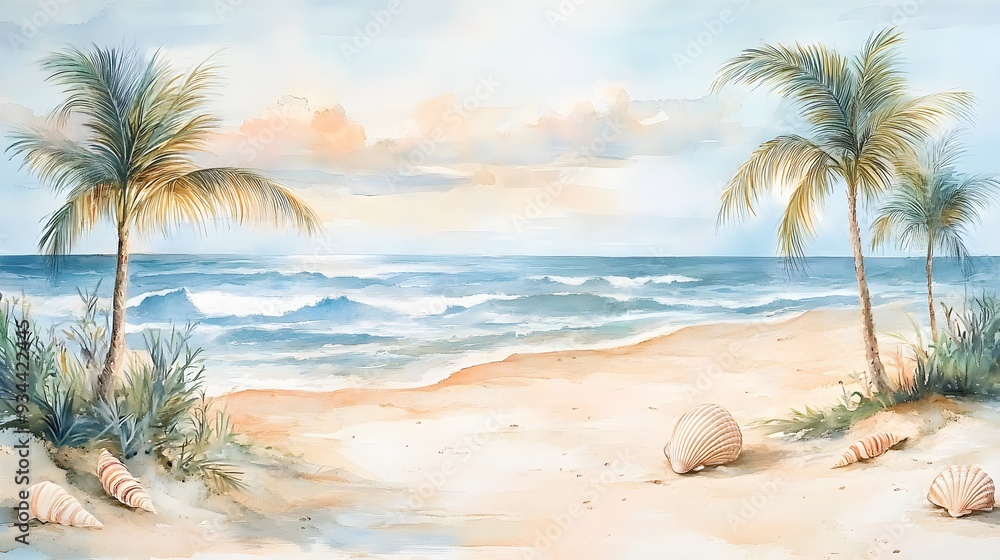 Obraz premium Serene beach scene with swaying palm trees and seashells, in pastel watercolors, ideal for a child's room, blending tranquility with playful elements