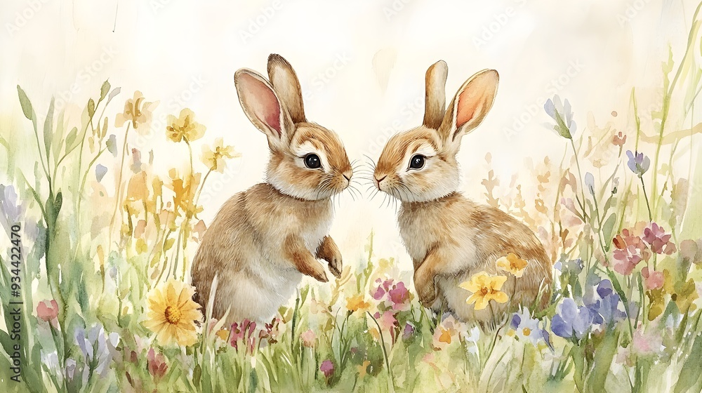 Fototapeta premium Playful rabbits in a colorful meadow, depicted in pastel watercolors, perfect for a child's room, full of life and enchanting detail