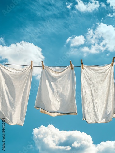 white laundry hanging on a clothesline a cloudy blue sky
