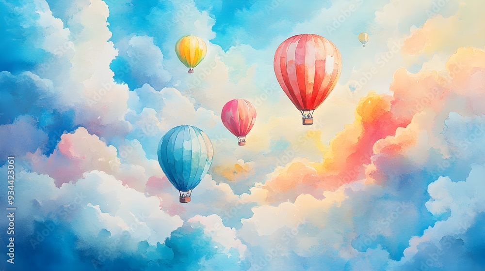Naklejka premium Pastel watercolor painting of a sky filled with hot air balloons, perfect for a child's room, capturing the excitement and beauty of a festival in the clouds