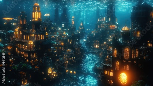 Submerged City with Glowing Windows and a Winding Canal photo