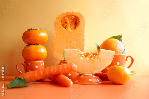 Orange fruit and vegetables with orange polka dot tableware, color blocking aesthetic. Orange foods contain beta carotene, an antioxidant that helps reduce inflammation in the body.