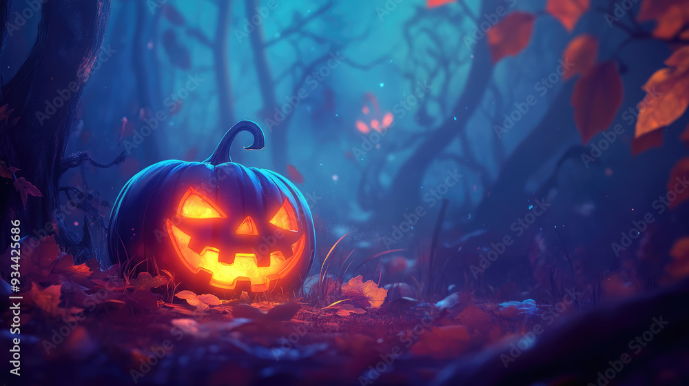 Fototapeta premium Halloween Pumpkin sitting in a Mystical Forest setting, creating an unsettling atmosphere
