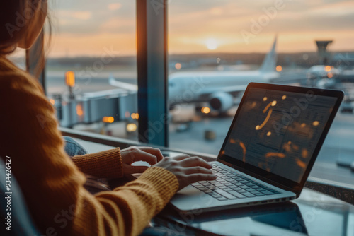 Woman types on a laptop while sitting in an airport terminal photo