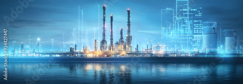 Oil and gas power plant refinery with storage tanks, highlighting facilities for oil production and petrochemical infrastructure. This wide banner incorporates concepts related to oil demand 
