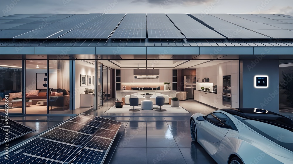 Obraz premium Modern House with Solar Panels and Stylish Interior Design Architecture