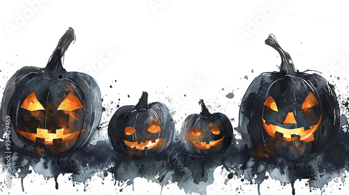 happy halloween, halloween night scary spooky set of black pumpkins burning eyes fire lon white background and bats, cards, banners, halloween party invitations, decor , october fall cold dark season  photo