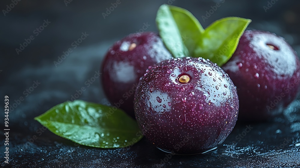 Close-up of three ripe acai berries with leaves and water droplets on a dark surface. Close-up of three ripe acai berries with leaves and water droplets on a dark surface.