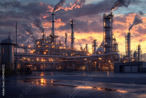 This is an aerial view of a refinery in the Petrochemical industry in the morning background. The plant is in an energy industrial sector, and the plant produces oil, fuel, and energy.