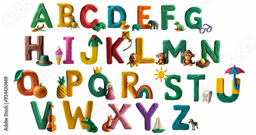 Alphabet made of plasticine with corresponding words. Letters of the English alphabet with animals, fruits and various things made from plasticine.  Childish font for kids ABC book symbols pack.