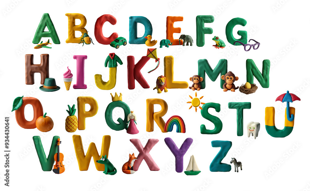 Alphabet made of plasticine with corresponding words. Letters of the English alphabet with animals, fruits and various things made from plasticine. Childish font for kids ABC book symbols pack. Alphabet made of plasticine with corresponding words. Letters of the English alphabet with animals, fruits and various things made from plasticine. Childish font for kids ABC book symbols pack.