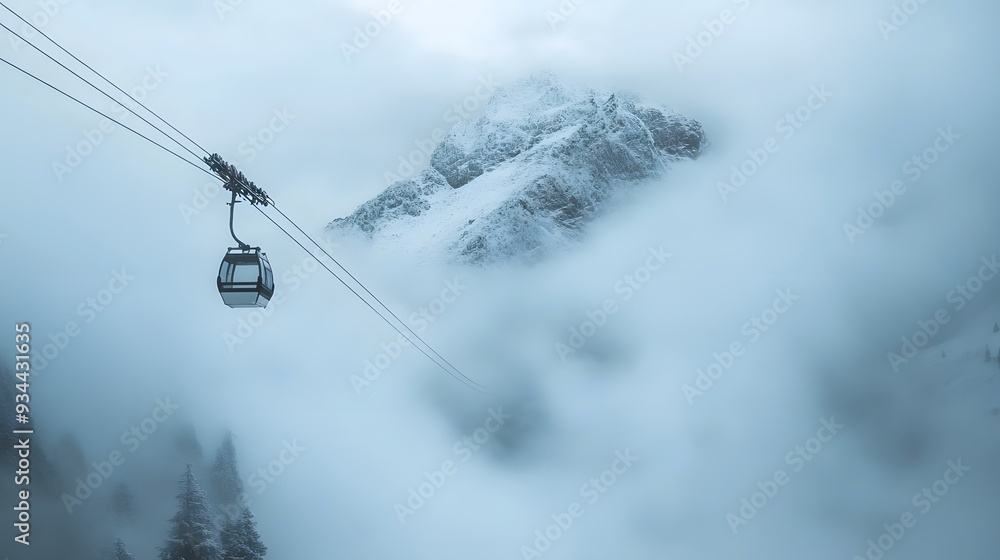 Cable car in the fog and the snowy mountain Cable car in the fog and the snowy mountain
