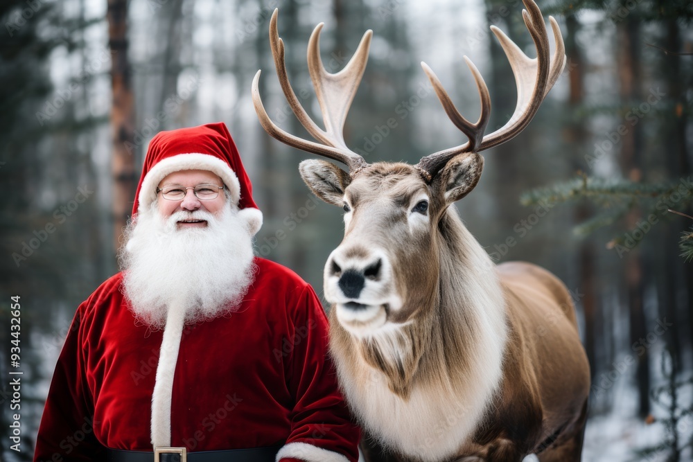 Santa claus and reindeer in winter forest new year and christmas celebration concept Santa claus and reindeer in winter forest new year and christmas celebration concept