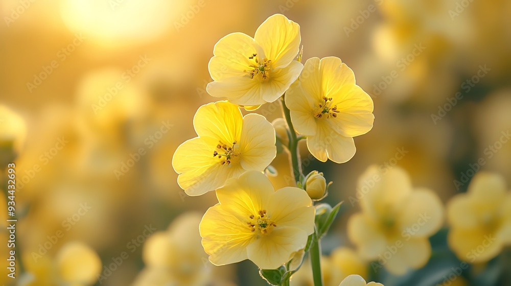 Obraz premium Close-up of vibrant yellow flowers blooming in a field with warm sunlight.