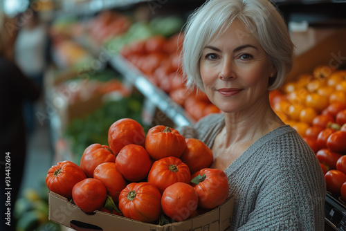 An elderly woman is shopping for fresh produce in a grocery store. She has short white hair and is wearing a casual outfit. She is holding a tomato near a fruit stand with various fruits and vegetabl photo