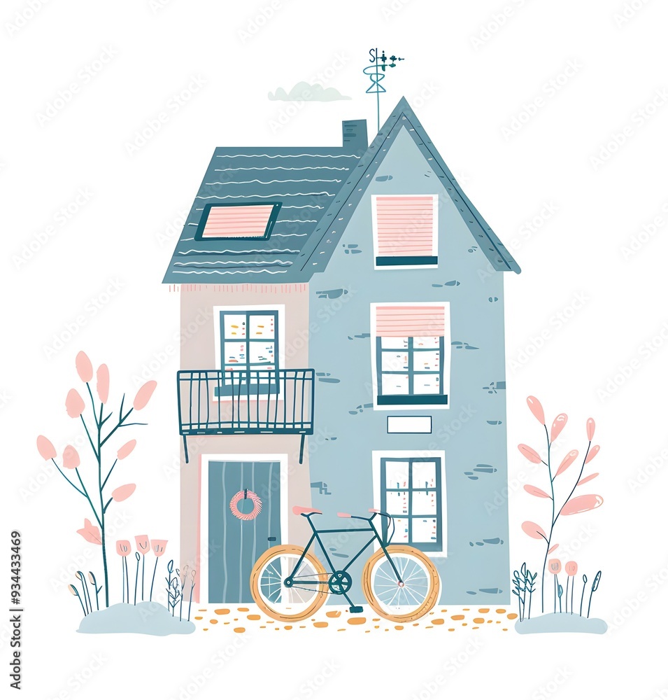 vector illustration of a house icon with a bicycle ,pastel color palette with simple shapes in a cute style Scandinavian design. art cozy atmosphere home decor theme, minimalistic design hyperrealism. vector illustration of a house icon with a bicycle ,pastel color palette with simple shapes in a cute style Scandinavian design. art cozy atmosphere home decor theme, minimalistic design hyperrealism.