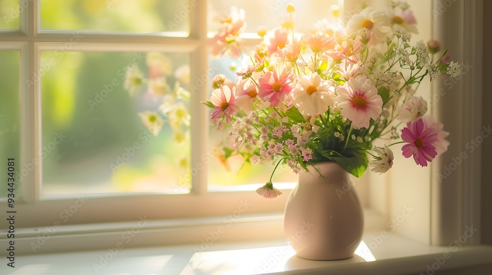A vase of flowers on the windowsill bathed in pastel morning light AI generated illustration A vase of flowers on the windowsill bathed in pastel morning light AI generated illustration