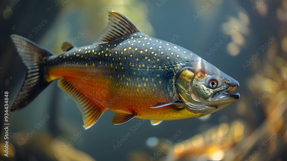 Fototapeta premium Amazon Red-bellied Piranha in clear water, with light refracting through the scales
