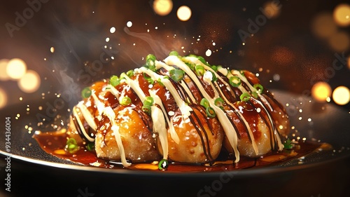 serving of takoyaki with drizzle of sauce and sprinkle of green onions photo