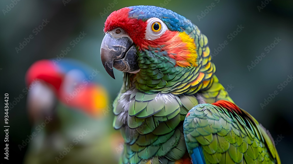 Fototapeta premium Amazon Red-fan Parrot head, showcasing its colorful feathers and keen eyes