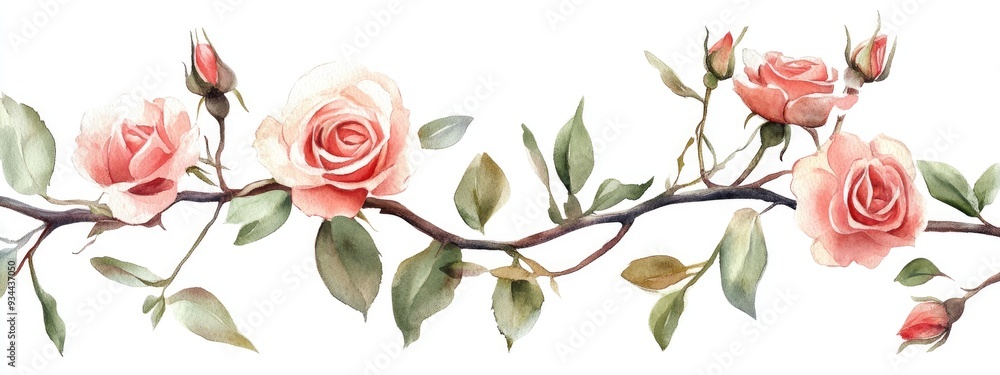 Watercolor illustration of a branch of roses on a white background Watercolor illustration of a branch of roses on a white background