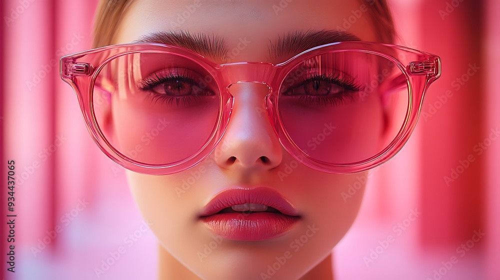 Close-up portrait of a young woman wearing pink sunglasses. Close-up portrait of a young woman wearing pink sunglasses.