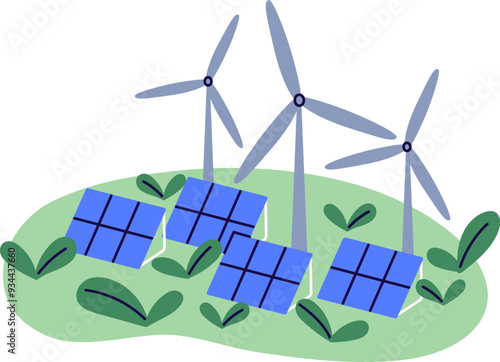 Eco sustainable renewable energy, green electric power station with alternative electricity. Sustainability concept. Wind mills, solar panels. Flat vector illustration isolated on white background