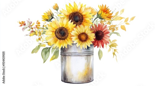 Watercolor illustration of a bouquet featuring daisies and sunflowers in a metal can Botanical floral design with hand drawn elements on a white background showcasing a composition of summer meadow #934439001