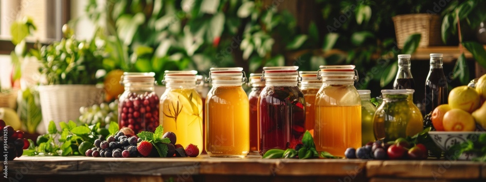 Variety of homemade fruit infusions in glass jars Variety of homemade fruit infusions in glass jars