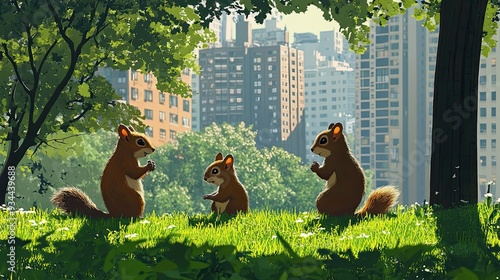 Three Squirrels in a City Park with Tall Buildings in the Background