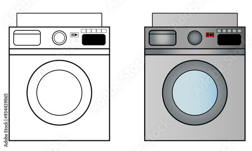 Vector de lavadora en blanco y negro y con color. Ilustración de electrodoméstico para hogar.