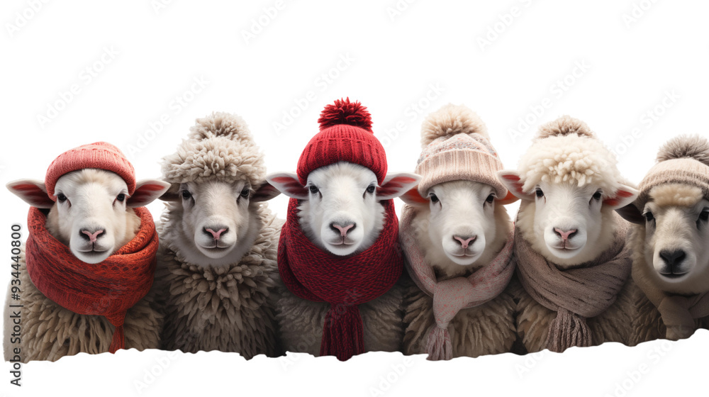 Obraz premium Set of Cows wearing a christmas hat, isolated on transparent background.