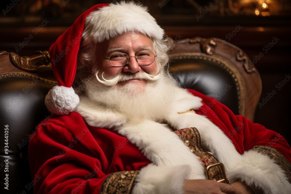 Santa with gift box by christmas tree in festive room, holiday celebration concept Santa with gift box by christmas tree in festive room, holiday celebration concept
