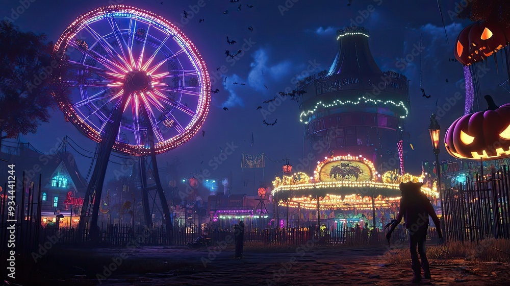Illuminated Ferris Wheel and Jack-O-Lantern Decorations at a Dark Carnival Illuminated Ferris Wheel and Jack-O-Lantern Decorations at a Dark Carnival