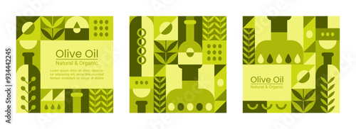 Olive oil posters with geometric pattern. Social media banners of organic food. Bottle label design with abstract geometric pattern of green olive, tree leaves, bottles, vector illustration