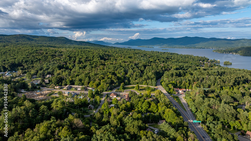 August 20 2024, Sunny afternoon summer aerial image of the area surrounding Lake George, NY, USA	