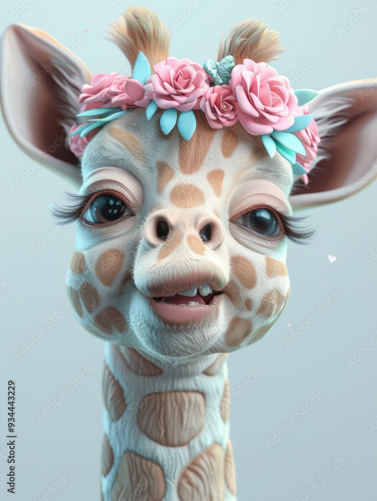 Obraz premium Cute little giraffe with a pink floral wreath, illustrated with open eyes and a joyful smile, set against a bright and colorful cartoon background.